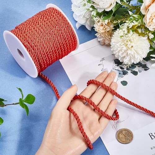 SOFPLATE 20M/21.87 Yards Twisted Cord Rope Decorative Cording Trim 5mm Red Polyester 3-Ply Silk Twine String Twist Braided Thread Graduation Honor Cords for Home Decor Bag Upholstery Curtain Tieback - Image 3