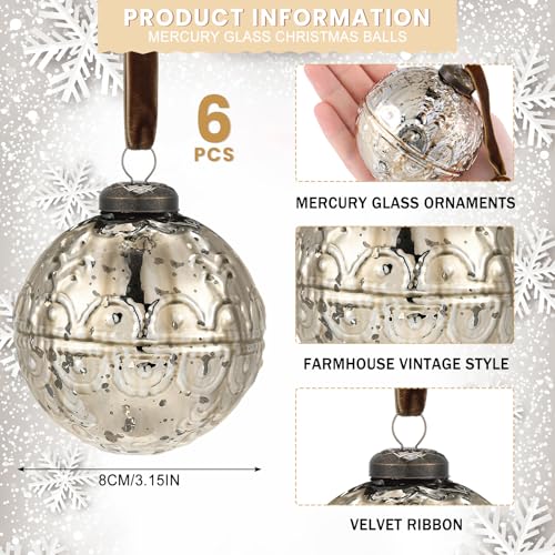 Threan 6 Pcs Large Vintage Mercury Glass Christmas Ornaments 3.15" Hanging Christmas Ball Ornaments Antique Embossed Ball Decorations for Xmas Tree Garland Wreath Holiday Decor(Champagne Gold,Etched) by Threan - Image 2
