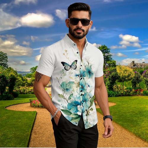 Image of ZEKU Men's Butterfly Floral Print Cotton Blend Short Sleeve Casual Shirt, Regular Fit, White
