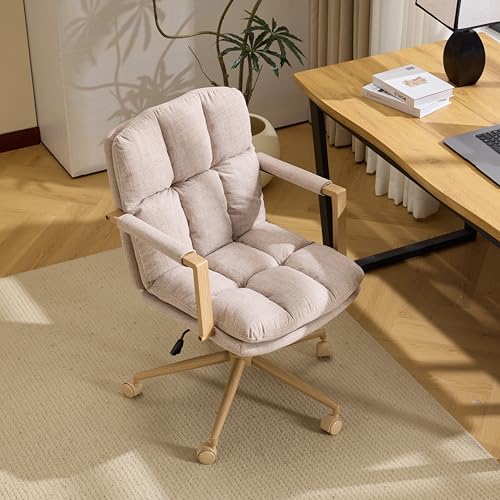 VINGLI Comfy Linen Office Desk Chair with Wheels & Detachable Cushions & Wood-Like Armrests Swivel Small Computer Task Chair Adjustable for Girl Makeup Vanity Teen/Kids Study Nail Tech Sewing Khaki