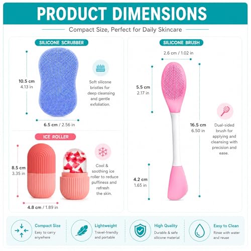 Image of 3 Pcs Silicone Face Scrubber & Ice Roller Combo Set for Skin Care, Facial Cleansing Brush with Exfoliating Pad, Face Mask Applicator Spatula Tool for Women & Men, Reusable Spa Kit Multicolor