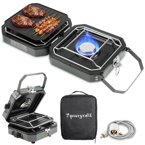 Estufa de campamento plegable de propano de 2 quemadores mejorada 2025, estufa portátil de camping de 16 K BTU con encendido piezoeléctrico, plancha y bolsa de transporte para portón trasero, barbacoa