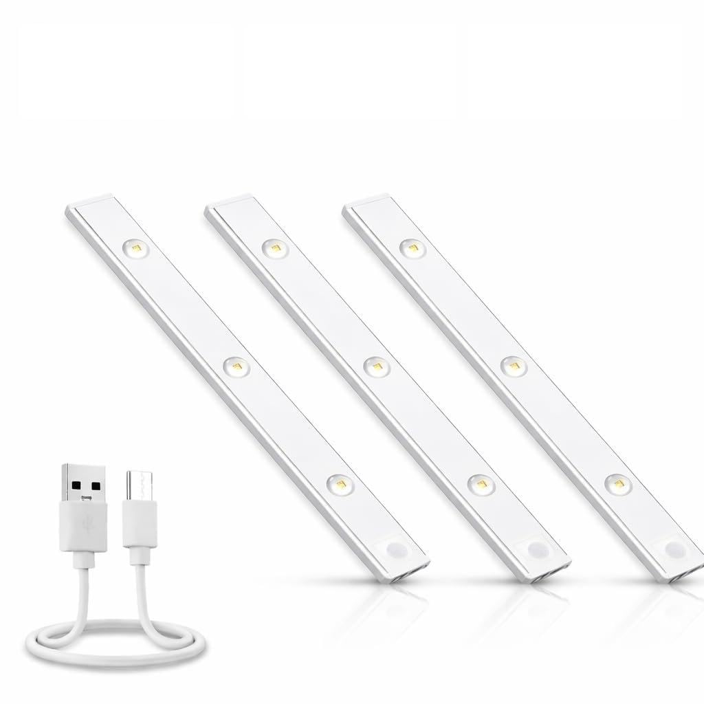 One94Store 40cm Motion Sensor LED Light, Rechargeable 1200mAh Under Cabinet Lamp, Dimmable Wireless Stick-On Lighting for Closet, Kitchen, Wardrobe & Stairs (Pack of 3, Warm White)