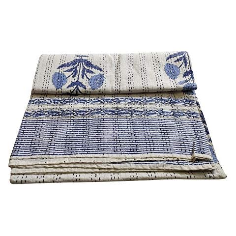 thehandicraftworld Beautiful Floral Print Kantha Quilt Indian Hand Block Print Kantha Quilt Reversible Cotton Bedding Bedspread King Size Vintage Kantha Gudari Cover