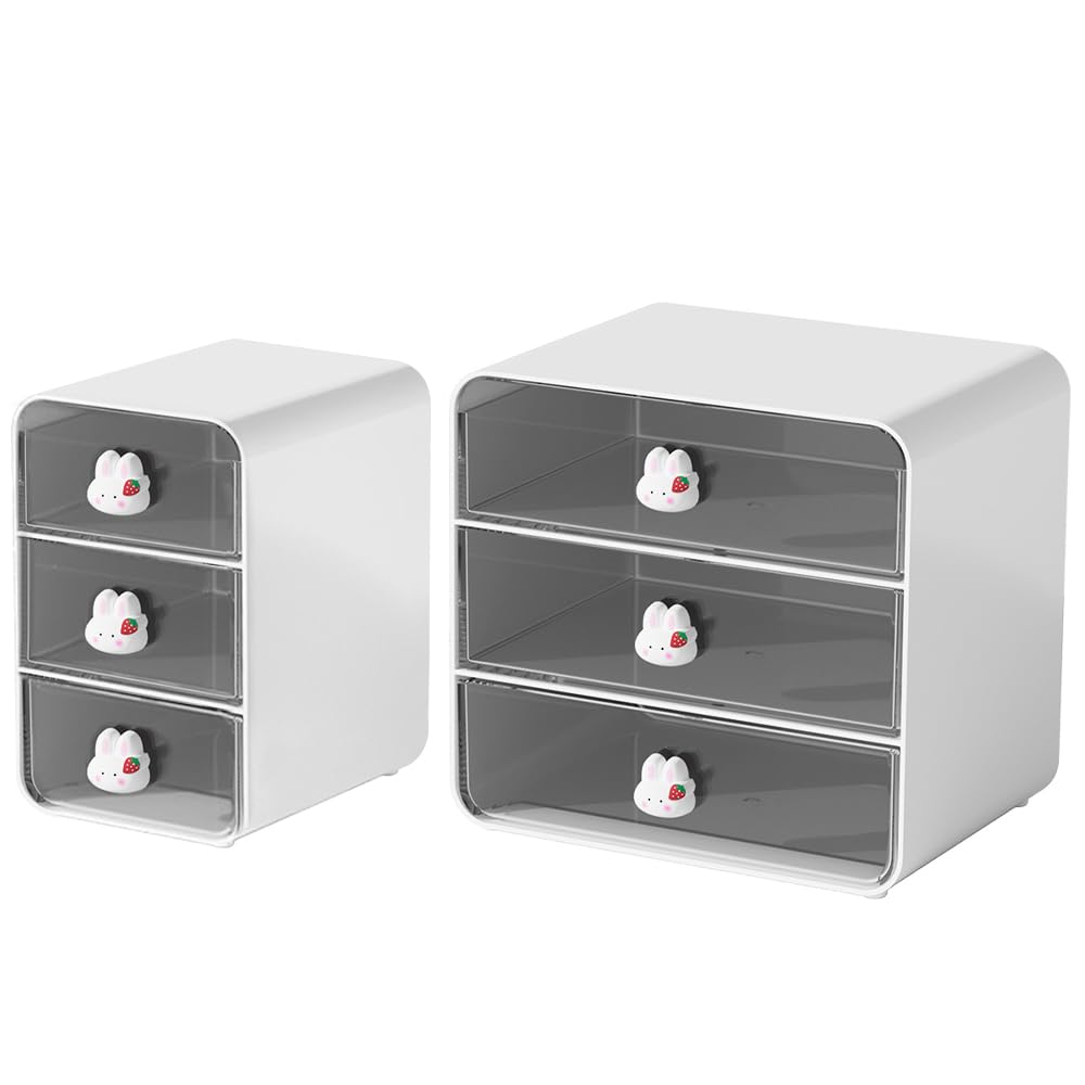 LPAMABA 2 PCS Organizador de Escritorio con Cajones, Cajas Organizadoras de Plastico con 3 Cajones, Organizador de Escritorio Blanco de 2 Tamaños, Organizador Mesa para Oficina Escuela Hogar