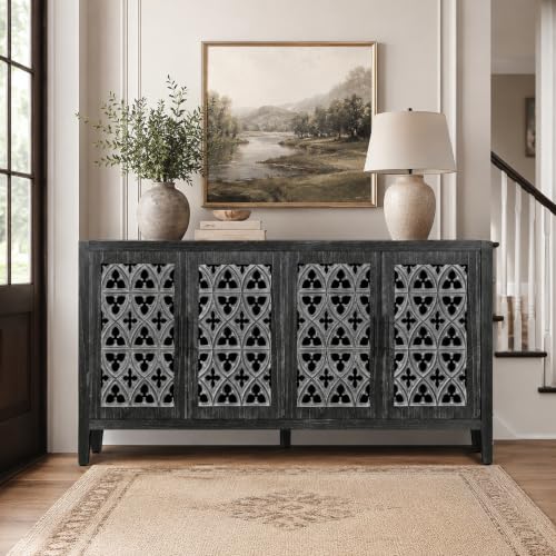 Image of Black Farmhouse Buffet Sideboard Cabinet with Carved Doors, Vintage Accent Storage Cabinet for Dining Room, Living Room, Entryway & Coffee Bar