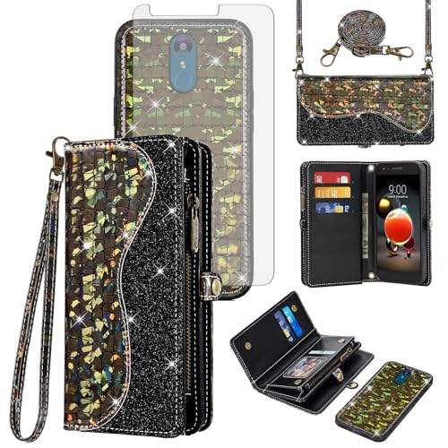 Asuwish Phone Case for LG Aristo 2 3 Plus/Rebel 4 LTE/Tribute Empire Dynasty/Zone 4/Zipper Wallet Detachable with Screen Protector and Card Holder Slot Wrist Strap Astro 2+ 3+ K8+ 4G Women Men Black