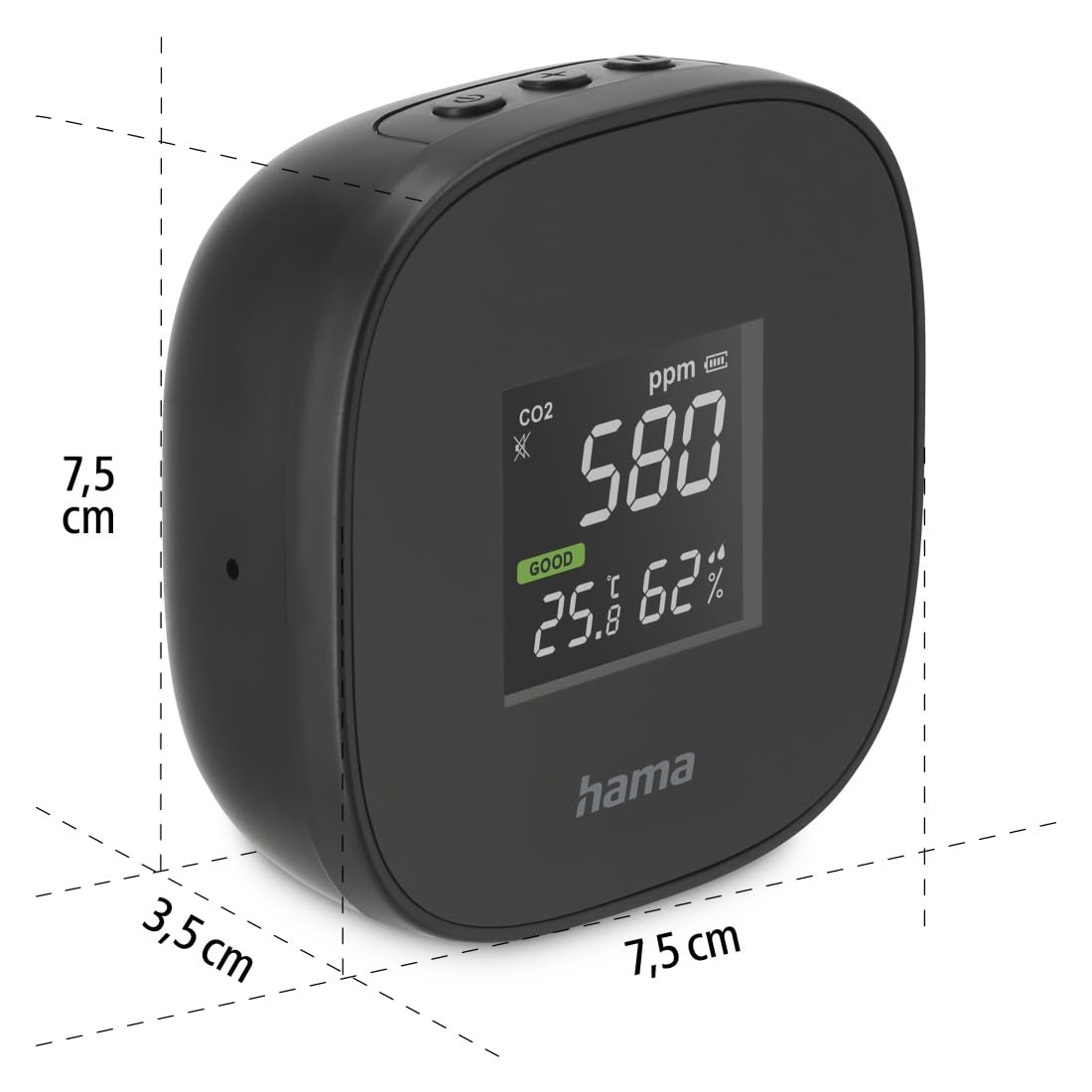 Hama | Detector de la Calidad del Aire (Medición de CO2, de la Humedad y de la Temperatura, con batería Recargable), Color Negro