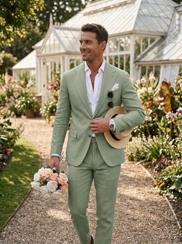 Image of Men's Linen Suit 2 Piece Slim Fit Summer Beach Wedding Prom Party