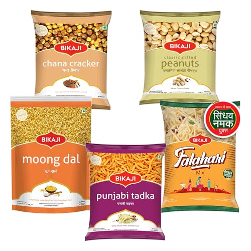 Bikaji Snacks Combo – SALTED PEANUT & FALHARI MIX & Moong Dal & PUNJABI TADKA & ROASTED CHANA CRACKER | 5 Pack Variety | Bar Snacks, Party Mix & Tea-Time Treats – 1000g