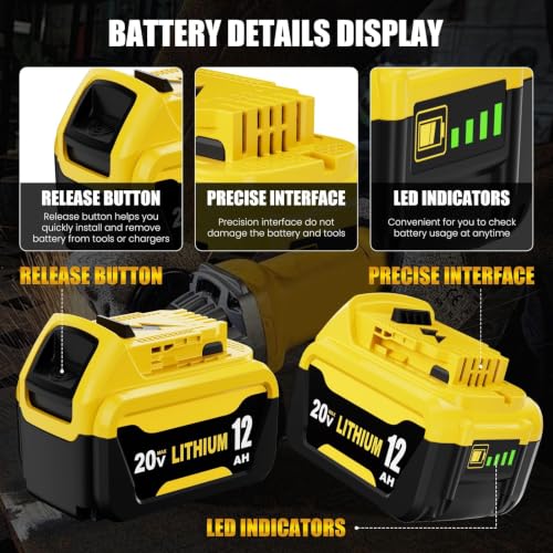 Image of 12.0Ah DCB206 Replace for Dewalt 20V Max Battery and DCB107 Charger, 2Pack