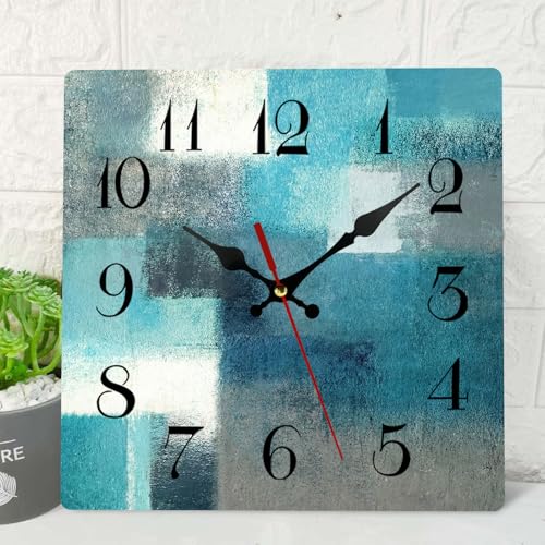 ArtSocket Reloj de Pared de Madera silencioso sin tictac, Verde, Azul, Gris, Verde Azulado, Pintura Abstracta, Gris, Cuadrado, rústico, Relojes de Pared costeros, decoración para el hogar, Cocina