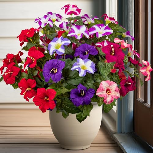 Brlita 19 Inch Artificial Fake Flowers for Outdoor,4 Pcs Faux Silk Petunias Spring Flowers for Outside for Indoor Porch Planter Front Door Garden Patio Window Box Home Decor(Multiple Color)