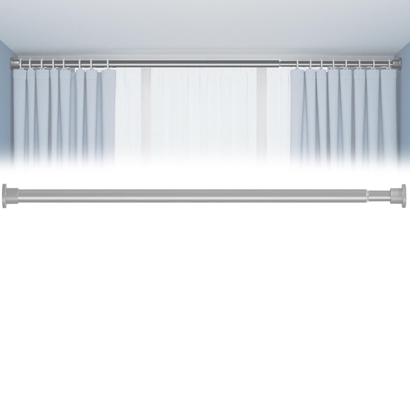 Tension Curtain Rod, Carbon Steel Waterproof Rustproof Non Bend, Adjustable 20" to 110" for Bathroom Window Door Wardrobe Kitchen(Grey,130-250cm/51-98in)