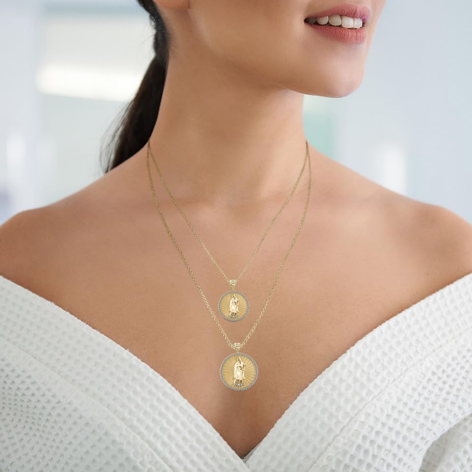 10K or 14K Yellow Gold CZ-Accented Blessed Our Lady of Guadalupe Miraculous Pendant Necklace - Choose Pendant Only or Necklace with Chain
