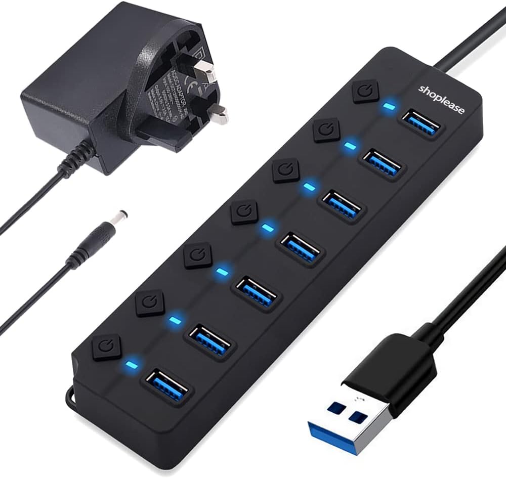USB 3.0 Splitter, 7-Port USB 3.0 Hub with Individual Power Switches and Lights, Portable Expansion Data Hub with 5V/2A Power Adapter for Windows 10, 8.1, 8, 7, Vista, XP, Linux, Mac OS X