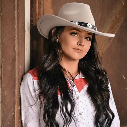 Image of DRESHOW Women Men Classic Felt Wide Brim Western Cowboy & Cowgirl Cap Belt Buckle Retro Panama Hat Unisex Rolled up Caps