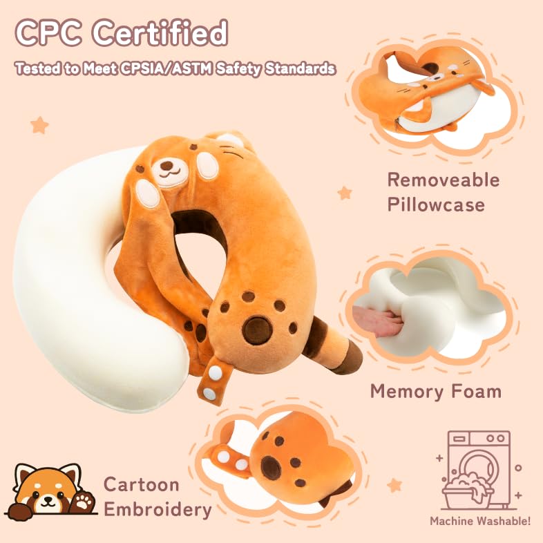 Image of Kids Travel Neck Pillow for Ages 3-8 with Memory Foam, Red Panda | Removable cover, 13 in neck size, machine washable, hidden zipper, head and chin support, car seat and airplane use