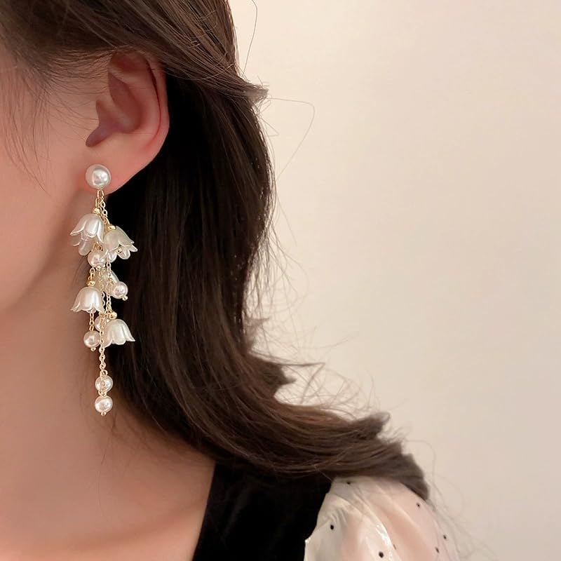 Long Tassel Pearl Bell Flower Stud Earrings Vintage Floral Dangling Drop Earrings for Women Statement Jewelry - Image 3