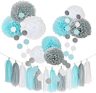 23 Pcs Blue White Happy Birthday 1st Baby Shower Party Wedding Favors Hanging Decorations Kit with Paper Tissue Flowers Tassel Hangings and Dots Garlands Decorations
