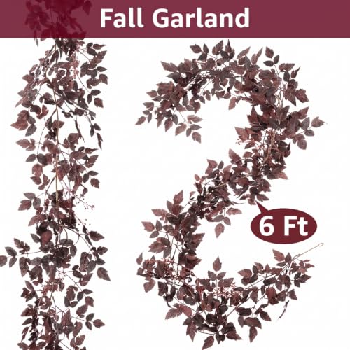 Image of Neutral Fall Garland for Mantle Fireplace - 6Ft Plum Cimicifuga Seeded Leaf Garlands Purple Autumn Decor Table Decorations for Home Indoor Door Halloween Realistic Leaves Garlands Outdoor