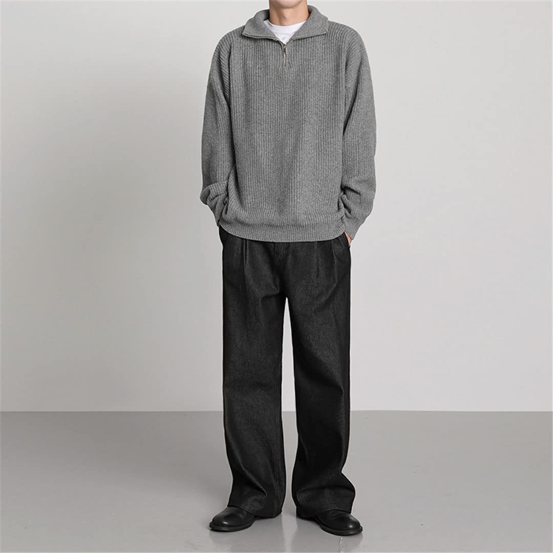 Vogrtcc Suéter de cuello medio alto con cremallera para hombre, estilo coreano, holgado, casual, gris, XXL