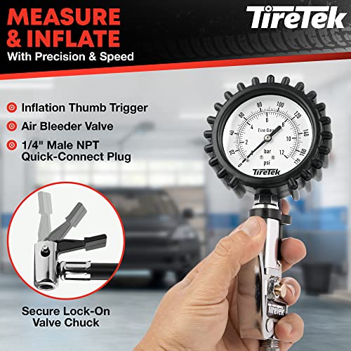 TIRETEK Tire Pressure Gauge for Cars (0-170 PSI, ANSI Certified) Professional Inflator with Secure Air Chuck, Tire Gauge for Pressure, Air Compressor Attachment Inflator Nozzle Low PSI Checker Tester - Image 3