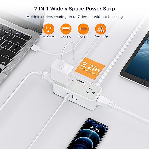 Small Flat Extension Cord, TESSAN 4 Outlets Ultra Thin Flat Plug Power Strip, 3 USB Wall Charger (1 USB C Port), 5 ft Slim Outlet Extender Compact for Cruise Travel School Dorm Room Essentials - Image 4