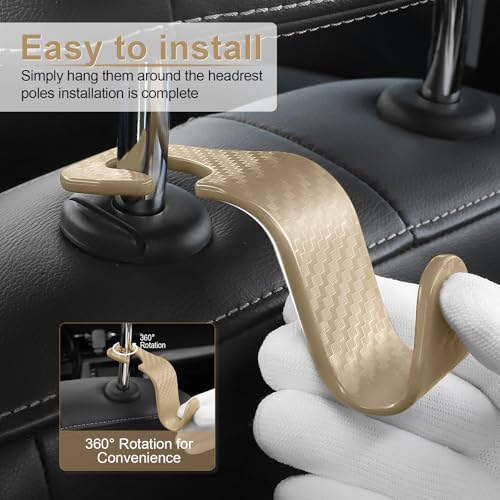 Image of LivTee Car Purse Hook, Headrest Hook for Car, 4 Pack Universal Auto Car Seat Headrest Hook Hangers Organizer for Purse Coat Umbrellas Grocery Bags Handbag, Car Accessories - Carbon Fiber Beige