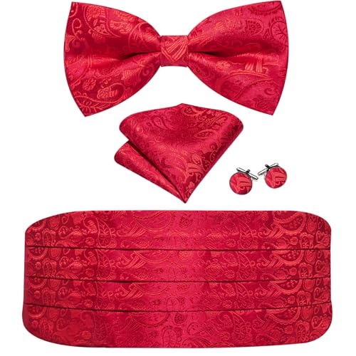 Image of YOHOWA Men Cummerbund Bow Tie Set Silk Paisley Formal Pre-Tied Bowtie Pocket Square Cufflinks Wedding Party Prom