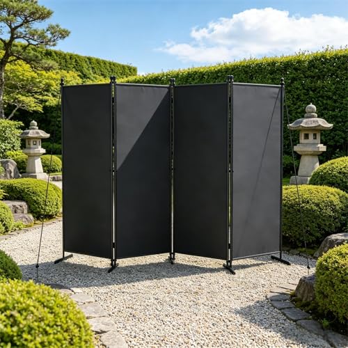 UISEBRT Paravent Outdoor wetterfest mit Heringen und Abspannleinen mobiler sichtschutz Klappbar Freistehend Trennwand ohne Bohren für Garten Balkon terrasse Dunkelgrau 4 Teilig 200 x 180 cm