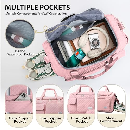 Waterproof Travel Duffel Bag, Weekender/Overnight Bag with Toiletry & Shoes Compartment, Quilted Carry-on Hospital Labor Bag (Pink)4