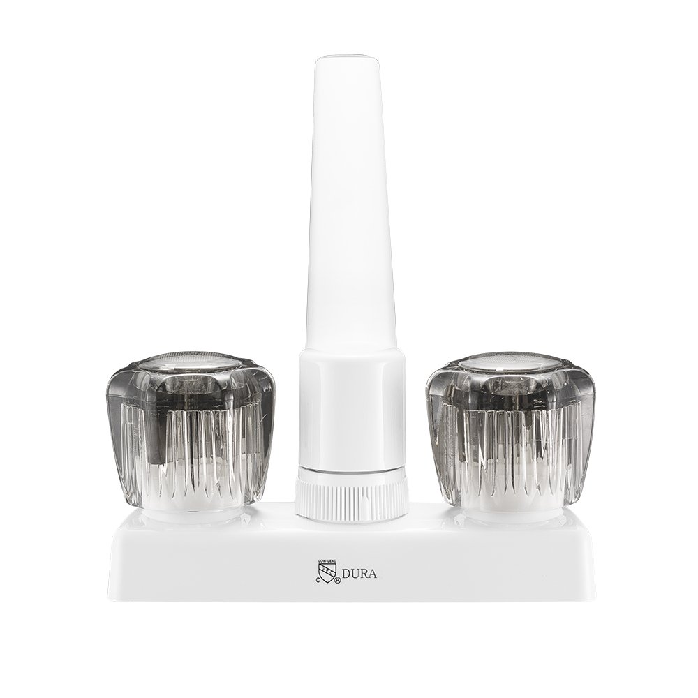 Dura Faucet (DF-PK640S-WT) 4 llave de cocina, cocina o bar, color blanco, pomos acrílicos ahumados, autocaravana, quinta rueda, llave de repuesto para remolque de viaje Dura Faucet