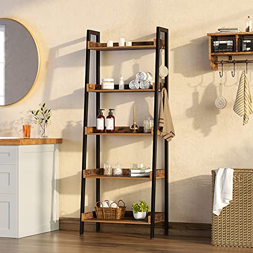 Rolanstar Bookshelf, 5 Tier Ladder Bookshelf With 3 Hooks, Industrial Bookcases, Freestanding Display Plant Shelves With Metal Frame For Living Room, Rustic Brown #TOP1