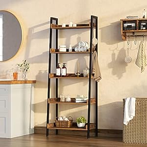 Rolanstar Bookshelf 5 Tier Ladder Bookshelf with 3 Hooks Industrial Bookcases Freestanding Display Plant Shelves with Metal Frame for Living Room Rustic Brown