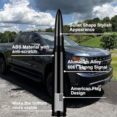 Image of Car Truck Antenna with Tire Valve Caps American Flag Universal Short Replacement for GMC Sierra Chevy Silverado Dodge Ram 1500 2500 3500 Ford F150 F250 F350 Super Duty Raptor Radio Accessories, Black