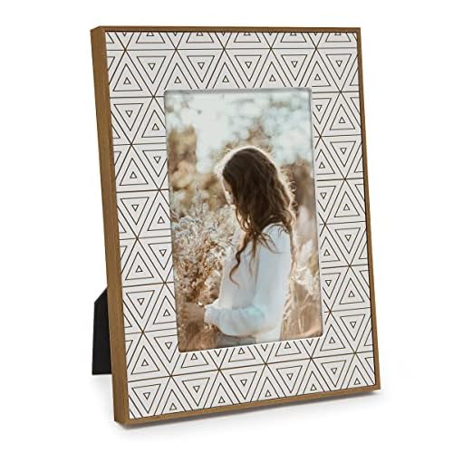 4×6 Picture Frame Boho Wood Photo Frame, White Bohemia Triangle Geometry Pattern with Real Glass, Modern Farmhouse Home Decor for Tabletop or Wall, Mother Family Wedding Gift, Brown