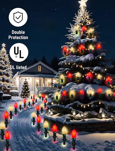 Image of 25Ft LED C9 Red and White Christmas Lights Outdoor, C9 Vintage Christmas Lights with 26 LED Red and White Bulbs, Hanging Outdoor String Lights for Patio Outside Holidays Party Xmas Roofline Wedding
