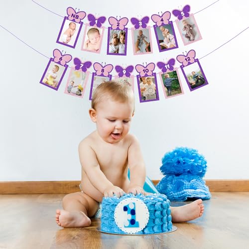 Image of Party Propz 12 Months Photo Banner for Birthday - Butterfly Theme Photo Banner(Cardstock) for First Birthday | 1-12 Month Photo Frame Banner | New Born 0 to 12 Month Photo Banner Frames 12 months