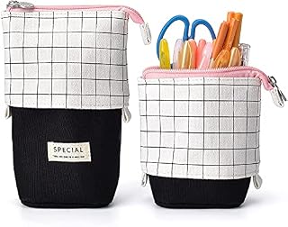 Pencil Case Stand Up Pencil Holder Telescopic Pencil Case Pen Pouch Bag High Storage Case Middle School College Office Organizer for Student Teens Girls Adults (White Grid)