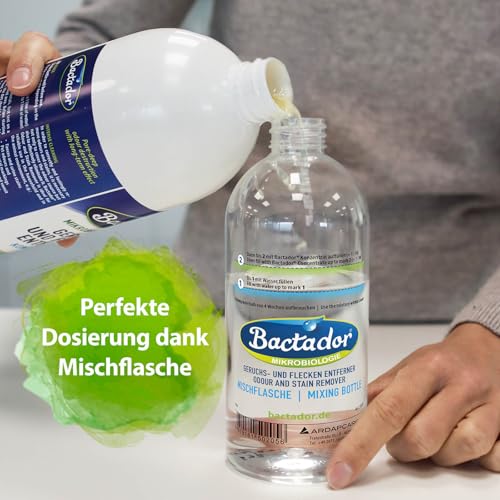 Bactador Konzentrat 1L inkl. Mischflasche - Enzymreiniger - Geruchsentferner & Fleckenentferner - Ergibt bis zu 50 Liter - Mikrobiologischer Geruchsneutralisierer - Hunde/Katzenurin Entferner