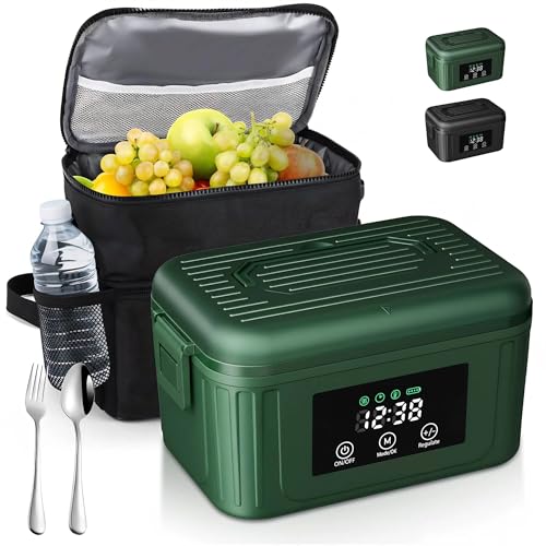 Cordless Electric Lunch Box for Adults, 1.4L Heated Lunch Box for Men with Smart Meal Scheduling & Auto Keep Warm, Portable Food Warmer for Car with Insulated Bag, Ice Pack (Brewster Green)