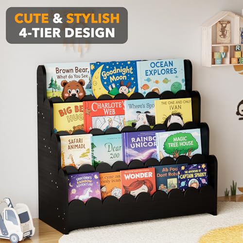 Image of SpaceAid 4-Tier Scalloped Bookshelf, Montessori Bookcase for Toddlers, Wooden Book Shelf Organizer Display Furniture for Kids Rooms, Playroom, Nursery and Classroom, 29.6 inch Wide, Black