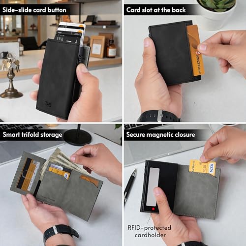 Image of The Wallet Store SlideX Neo RFID-Protected Pop-Up Card Holder Wallet for Men | Minimalist Leather Smart Wallet with Quick Access Ejector | Compact Dual-Color Card Case | Holds 6-10 Cards (Black)