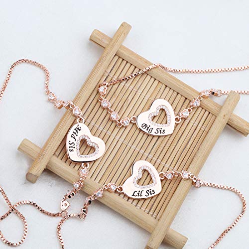 Image of CHOORO Big Mid Lil Sister Copper Bracelet Set for 3 Sister Jewelry Heart Rhinestone Pendant Bracelet Best Friend Gift