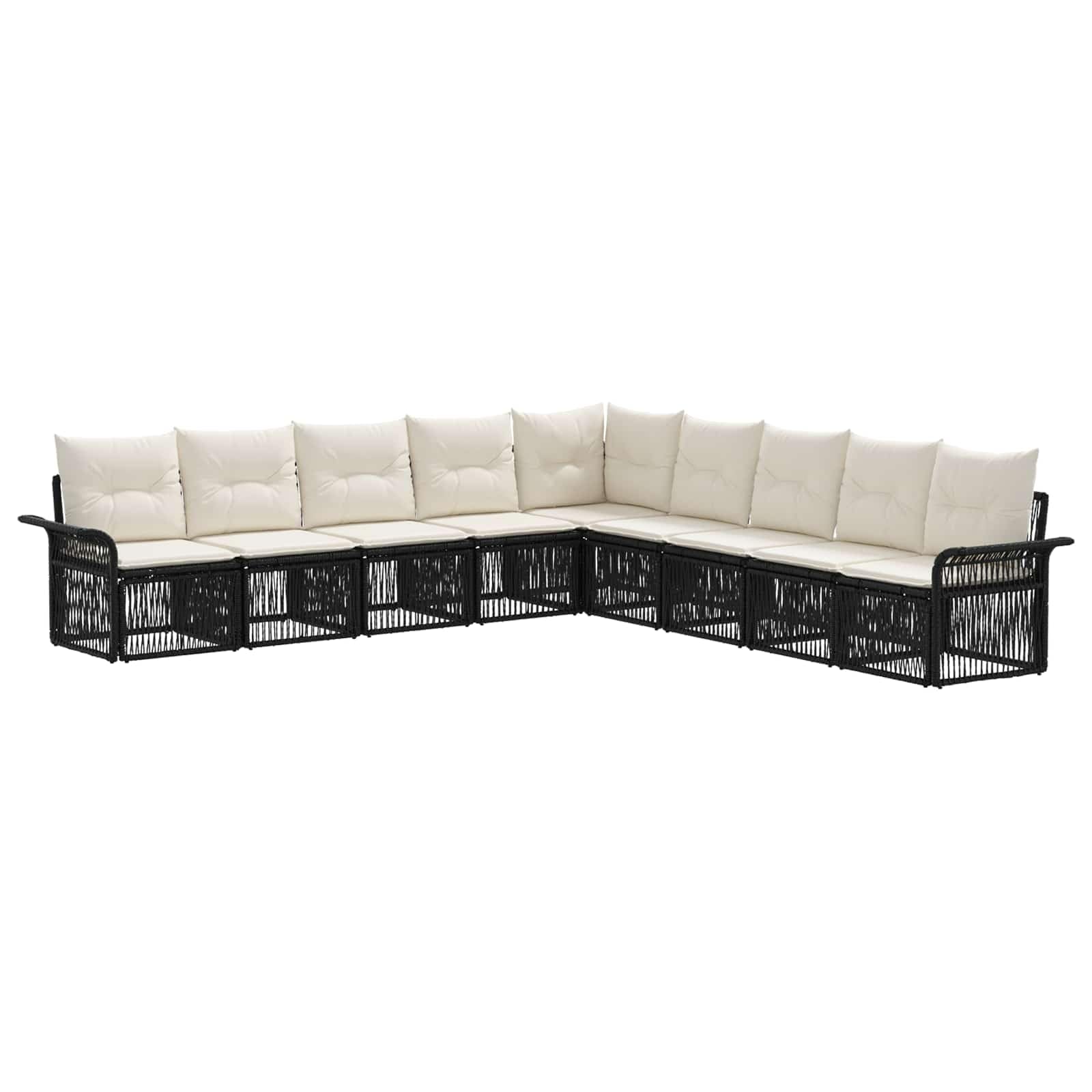 Set di 9 divani da giardino in polyrattan, colore nero | Salotto ad angolo modulare per terrazzo ed esterno con elementi flessibili adattabili e morbidi cuscini.