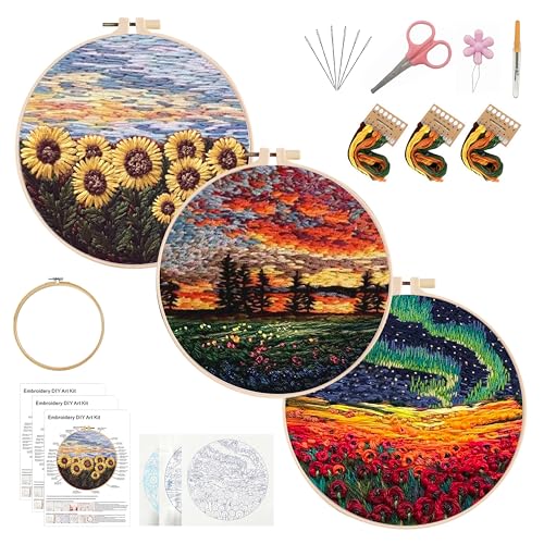 KEKEMEOW 3 Sets Embroidery Kit for Beginners, Stitches with Rural Scenery, Embroidery Stitch Practice kit for Adults Craft Lover, Needlepoint Hand Embroidery Kit with Pattern?Instruction?Hoop