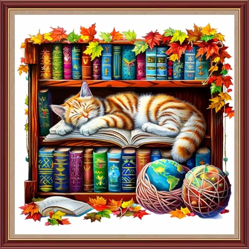 Image of Fanxvivy Stamped Cross Stitch Kits for Beginners Full Range of Cross Stitching Preprinted Embroidery Kits for Adults, 11CT Embroidery Pattern Needlepoint Kits-cat Sleeping Bookshelf 18x18 inch