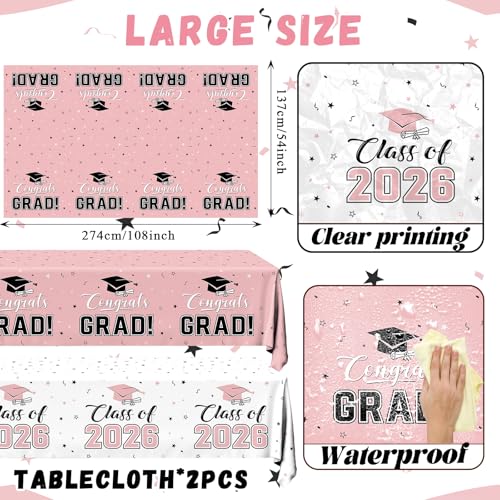 Image of 2026 Graduation Decorations,Congrats Grad Tablecloth 2pcs White Pink Class of 2026 Table Covers Rectangle for Graduation Party Supplies,108x54inch(Pink)