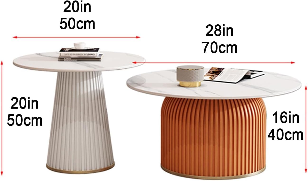 Runder Satz-Couchtisch im 2er-Set, Akzenttische mit Marmormuster, moderner, einfacher Beistelltisch für Wohnzimmer, Schlafzimmer, Balkon, Hof, Kaffee+Weiß